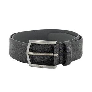 HUGO BOSS Belt Mens Size 38 Black Grained Genuine Leather Silver Buckle CLAUS